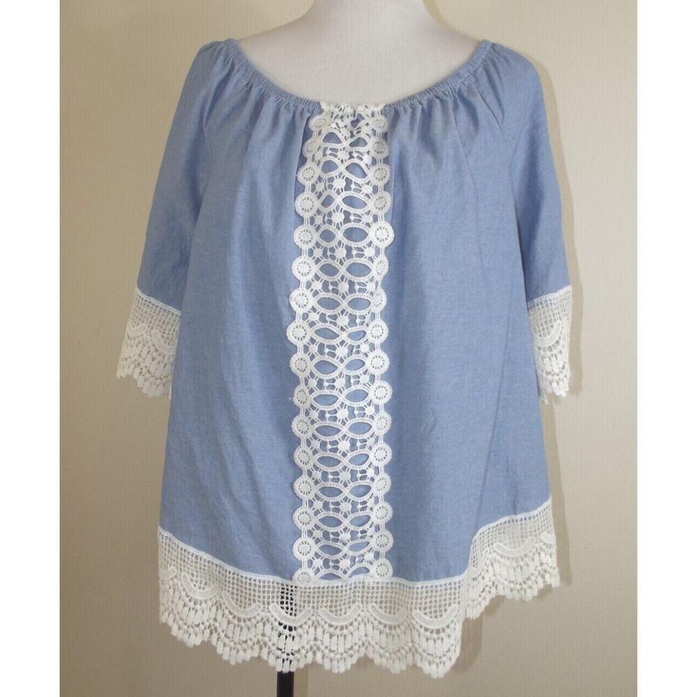 Unique Spectrum Womens Peasant BLOUSE - Size 1X - Blue w/White Lace Trim Shirt